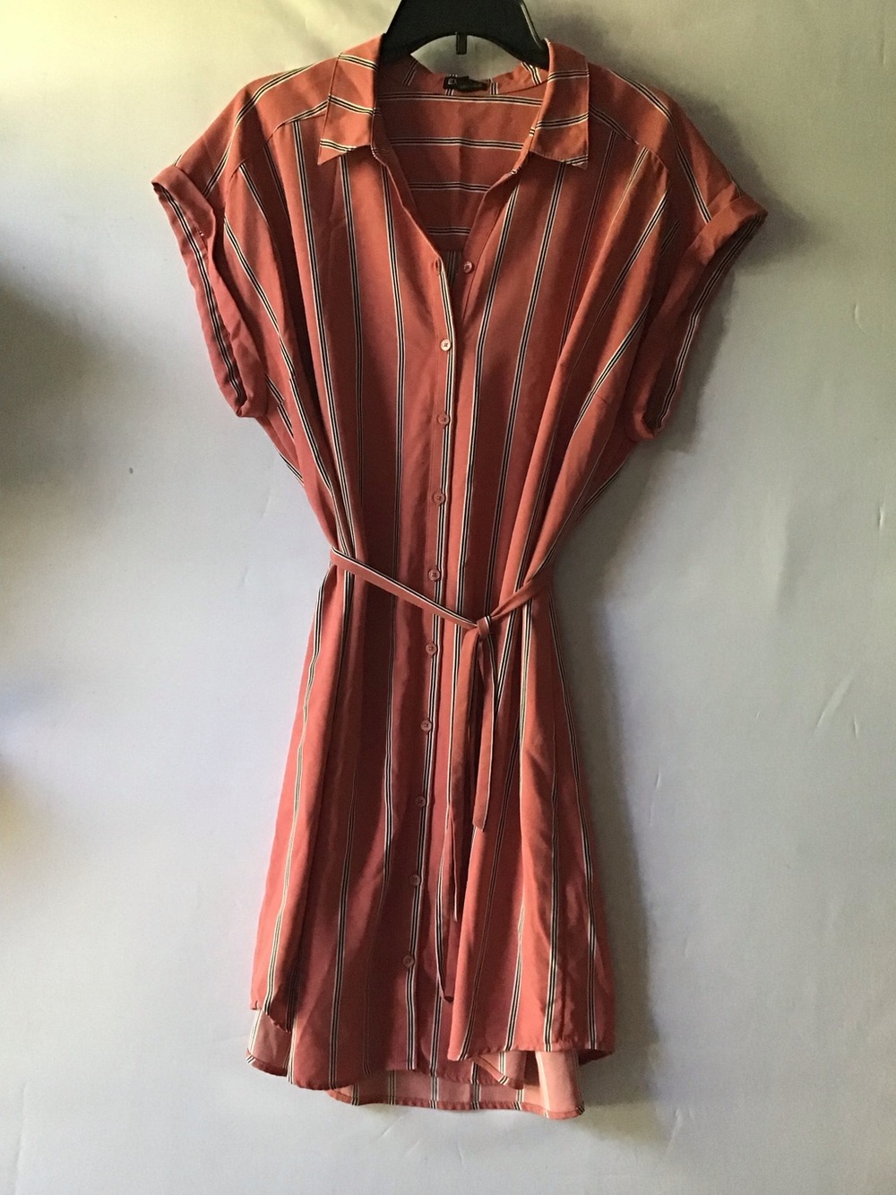 410 Express Rust Striped Shirt Dress with Self Tie